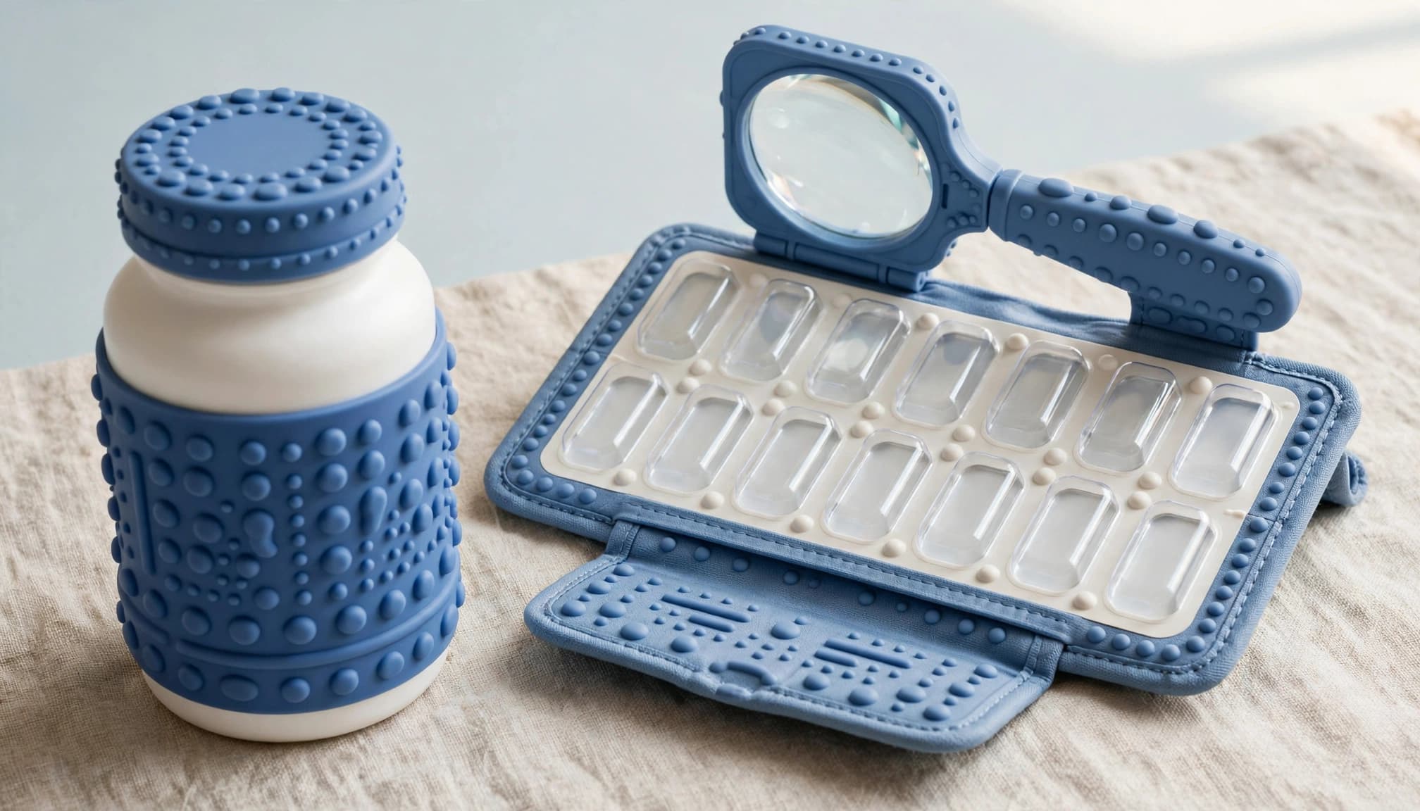 Accessible medicine packaging with tactile markings, a wide-grip bottle, and a calendar blister wallet.