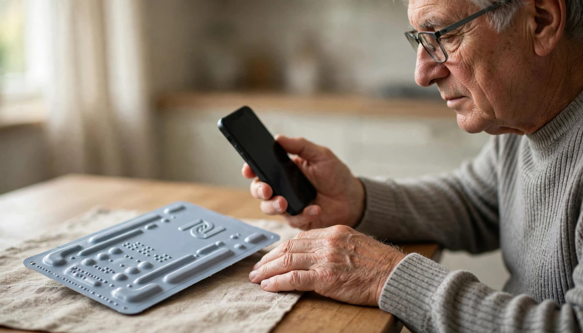 An older adult uses a smartphone beside a tactile medicine package on a kitchen table.