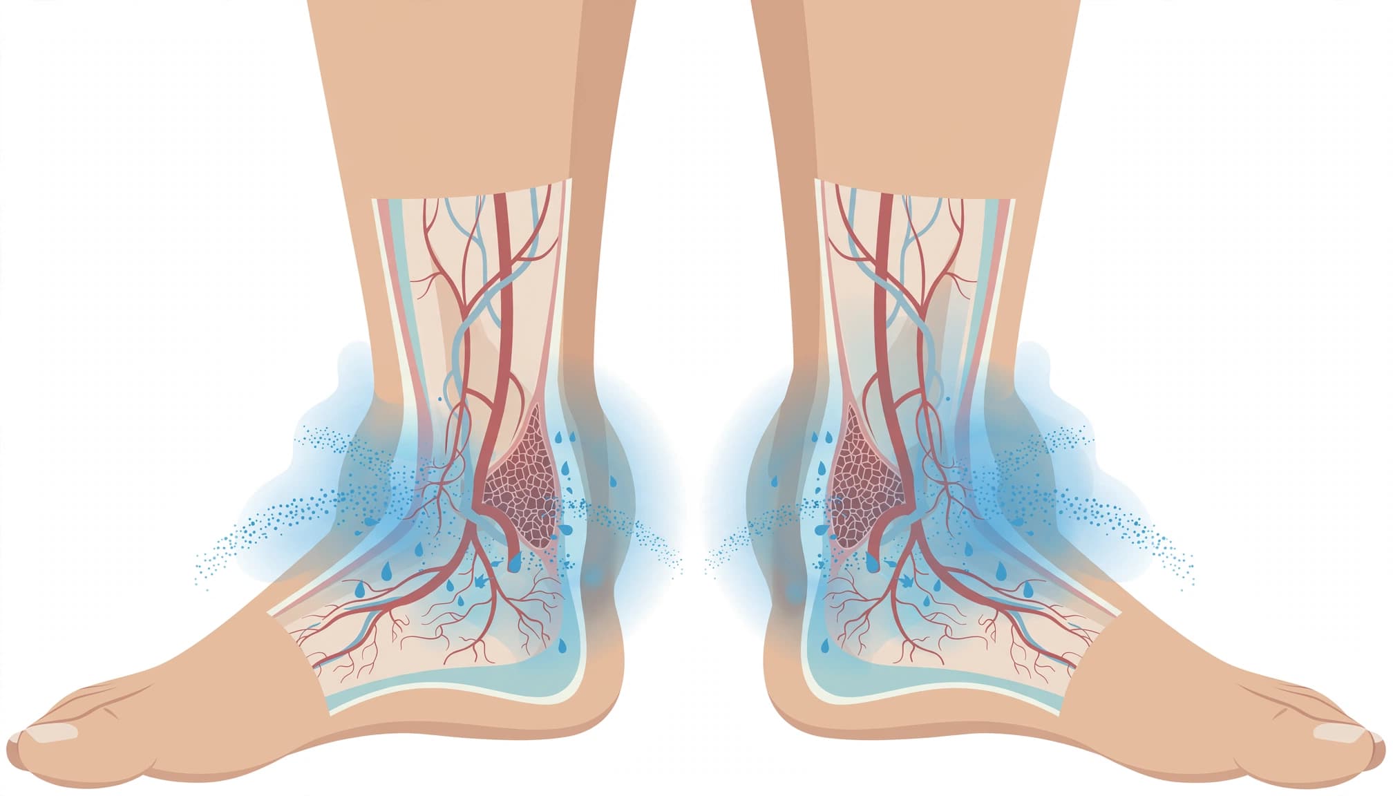Medical illustration of lower legs showing anatomical cutaways with fluid leaking from capillaries.