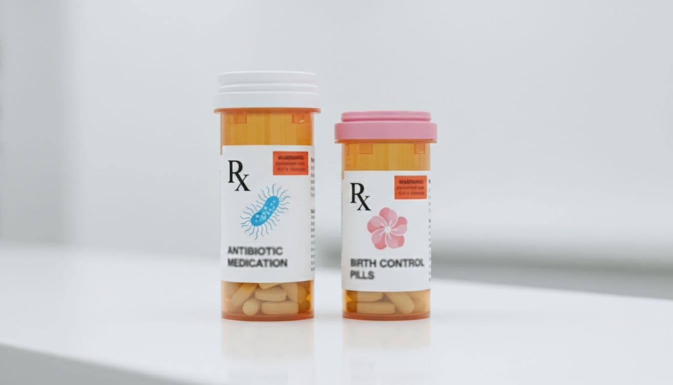 Close-up view of two prescription pill bottles, one for antibiotics and one for birth control pills, placed side by side on a white pharmacy counter with soft overhead lighting.