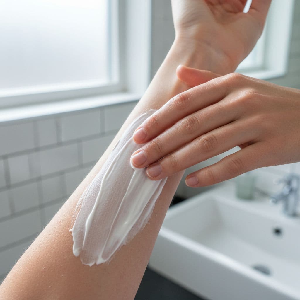 A close-up view shows a hand gently spreading thick white moisturizer over inflamed, dry skin on an inner arm. The scene is set in a bright, tranquil, and sterile-looking bathroom environment.
