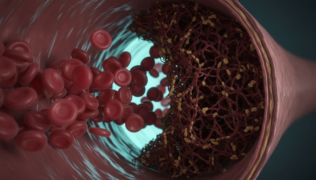 Artery cross-section with smooth red blood cell flow glowing blue on left, blocked by clot on right.