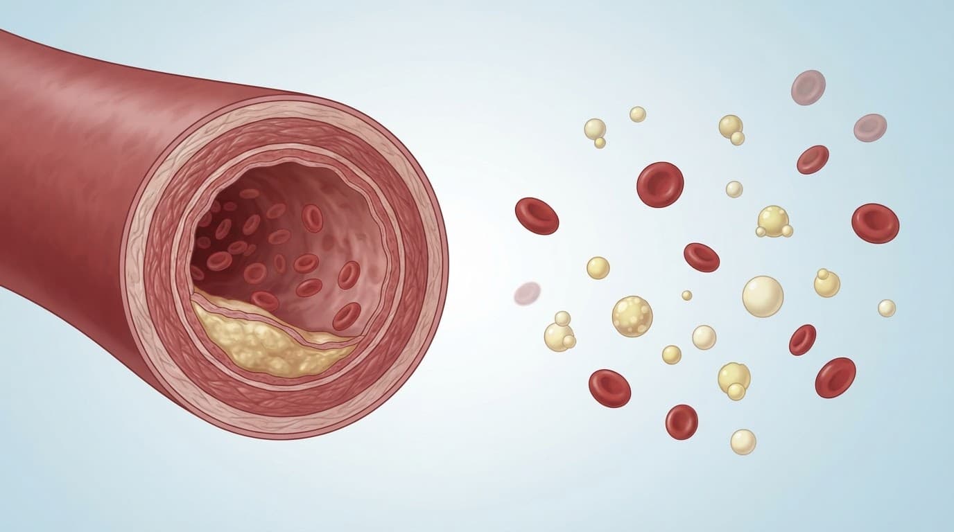 Artery cross-section with a small plaque deposit beside floating lipid particles.