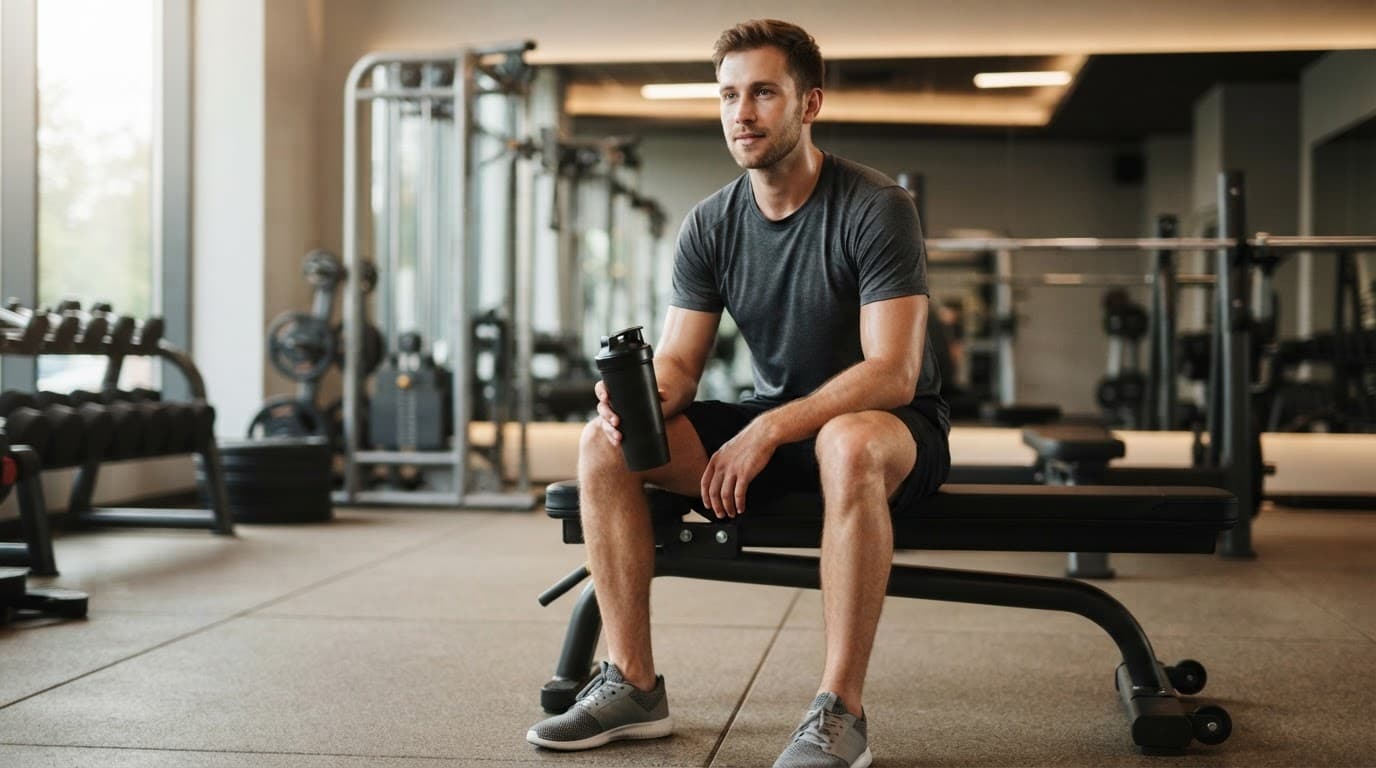 Calm athlete seated on a gym bench holding a plain shaker bottle.