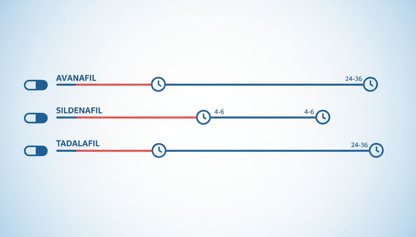 Side-by-side horizontal timelines comparing onset times and durations for avanafil, sildenafil, and tadalafil using pill and clock icons in medical blue tones.