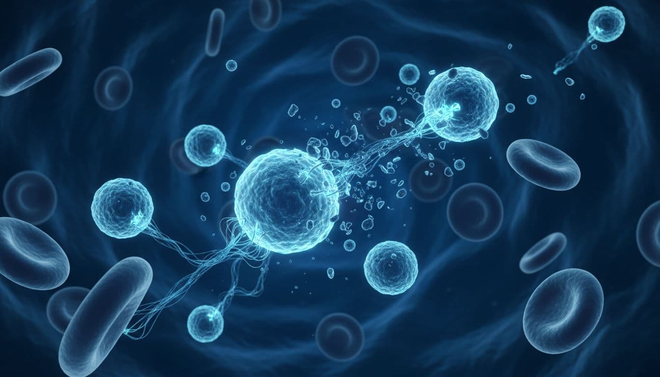 Healthy and abnormal B cells clash amid red blood cells in blue tones with cyan protein highlights.