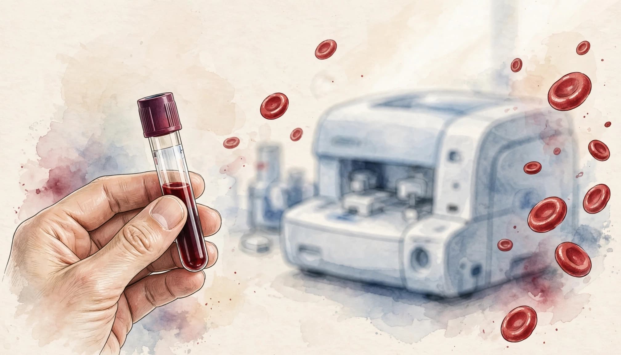 A hand holding a blood sample tube with floating red blood cells and a laboratory analyzer in the background.