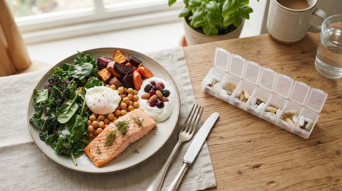 A colorful plate of healthy foods sits beside a small supplement organizer.