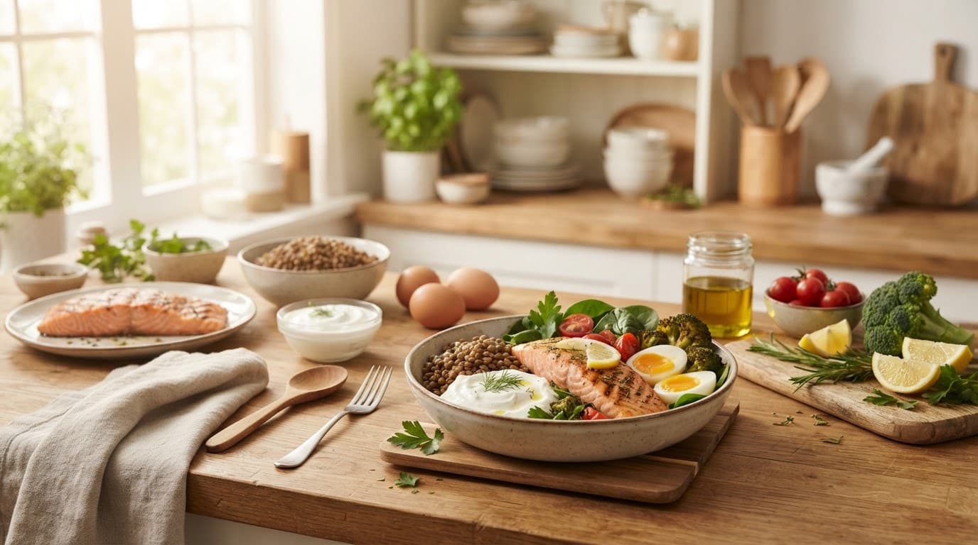 Salmon, lentils, eggs, yogurt, and vegetables arranged on a bright kitchen counter.