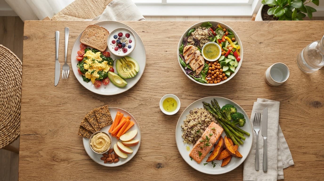 Four plates show protein, vegetables, and whole grains on a bright table.