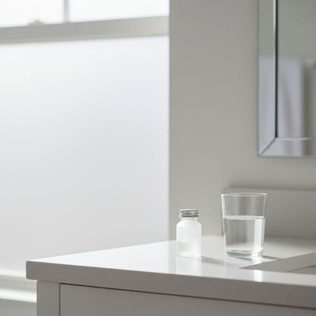 Modern clean bathroom vanity top holds small pill bottle and glass of water in bright morning light.