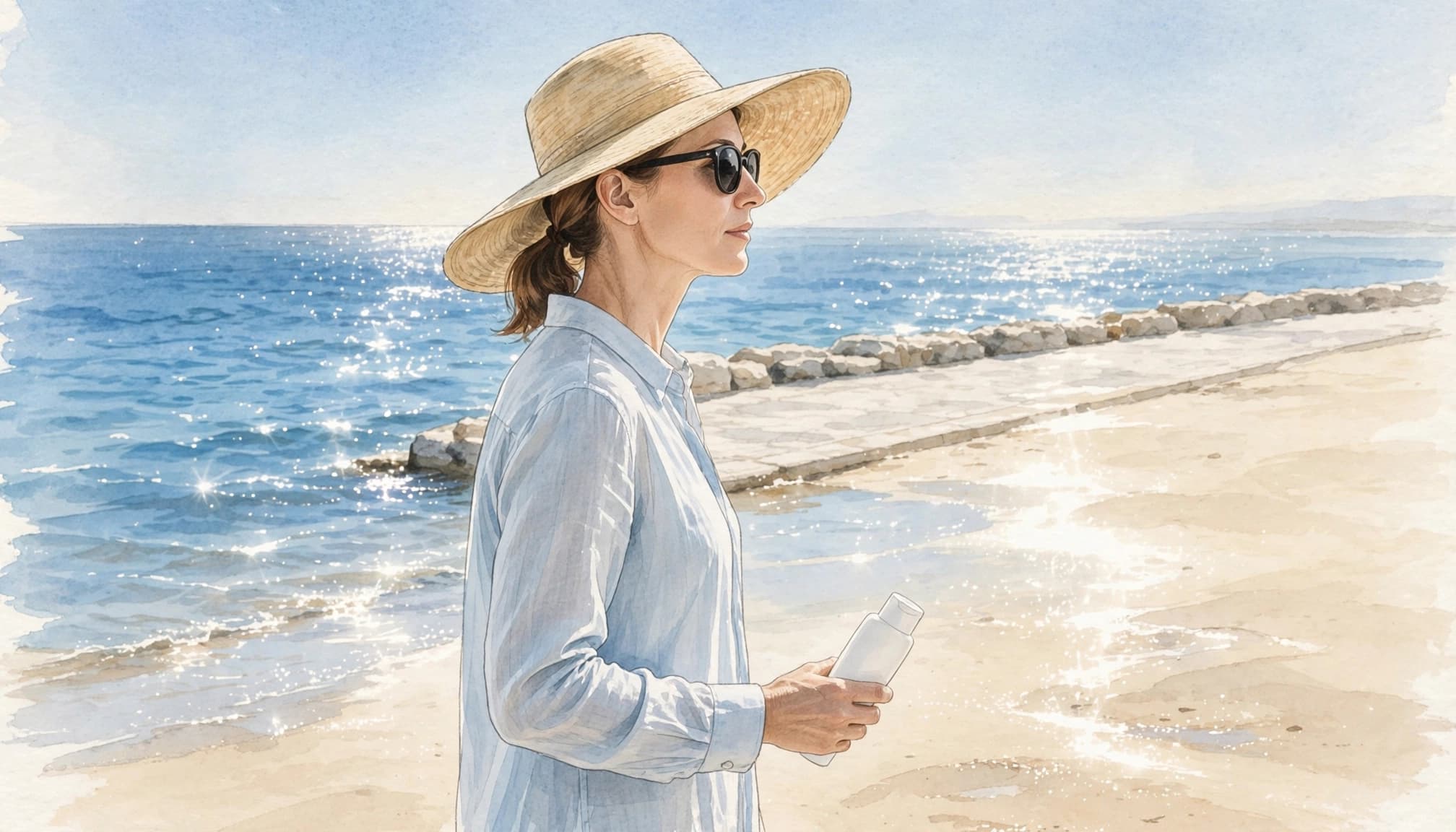 Watercolor illustration of a woman in a wide-brim hat, sunglasses, and long sleeves holding sunscreen by the beach.