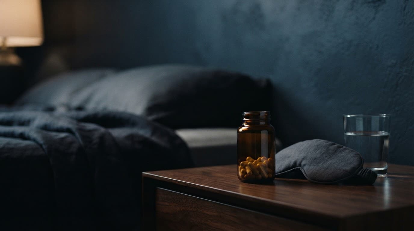 An amber bottle, folded sleep mask, and water glass on a bedside table at night.