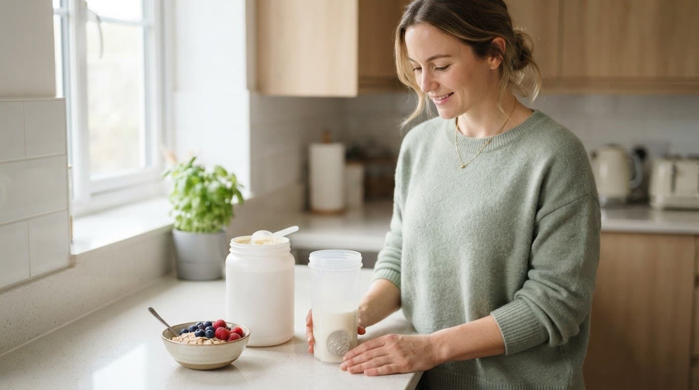 A beginner stands beside protein powder, a shaker, oats, and berries on a kitchen counter.