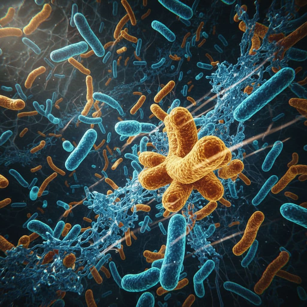 Microscopic view shows varied beneficial bacteria in human gut with dramatic lighting and blue-gold tones.