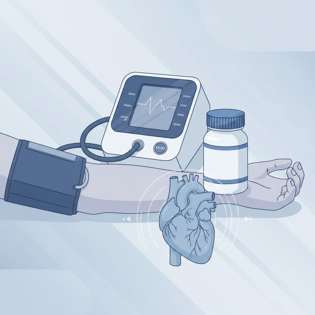 A medical illustration shows an electronic blood pressure monitor positioned beside a bottle of pills.