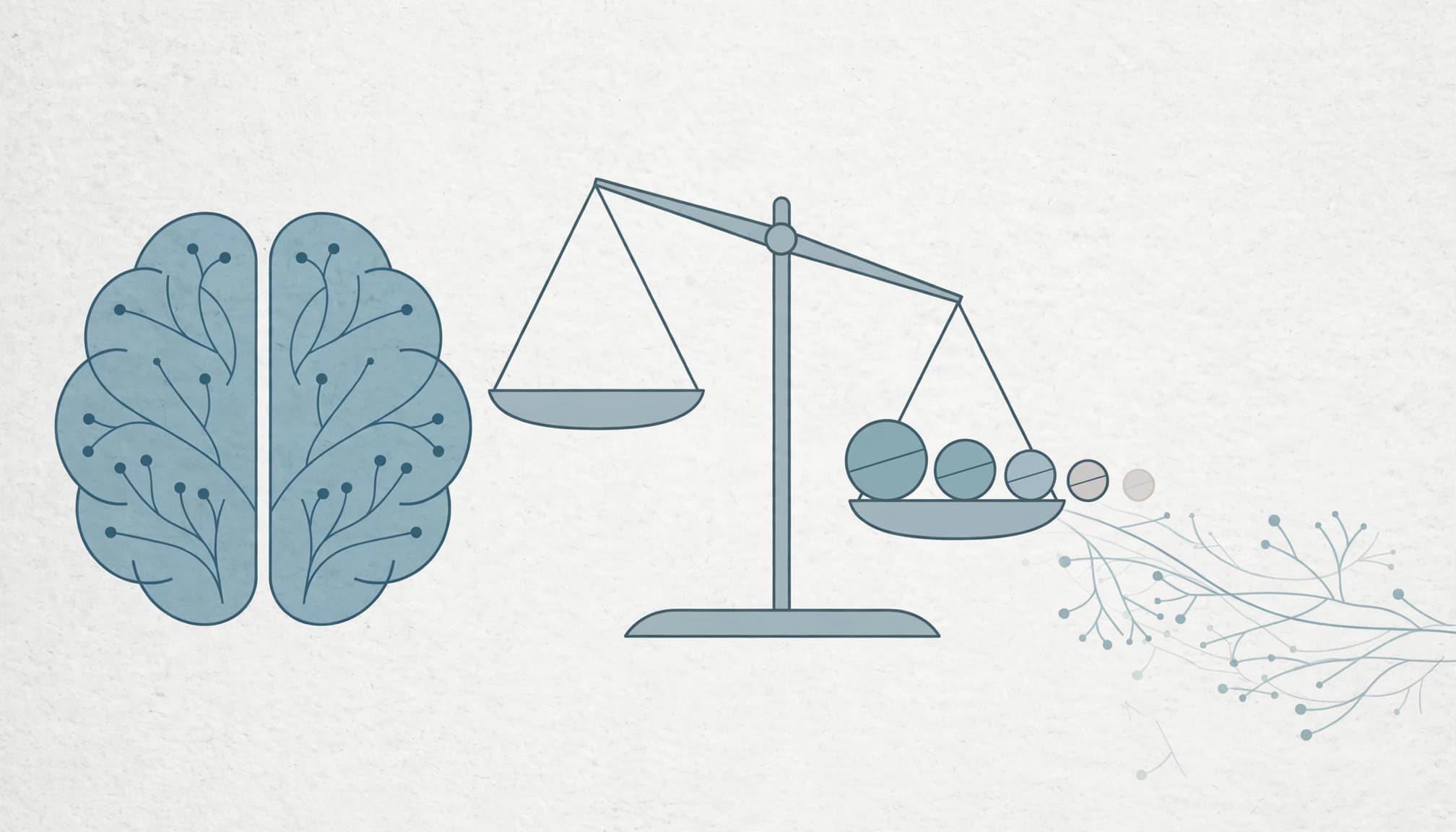 An illustration of a blue brain beside a balance scale with decreasing pills and nervous system lines.