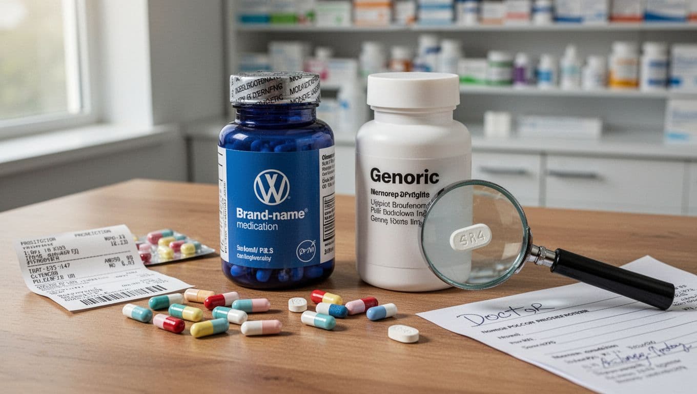 Photorealistic landscape image of a wooden table with two pill bottles side by side: blue brand-name packaging and plain white generic bottle, surrounded by loose pills, magnifying glass on pill imprint, prescription label, and doctor's note, under soft natural light with blurred pharmacy background.