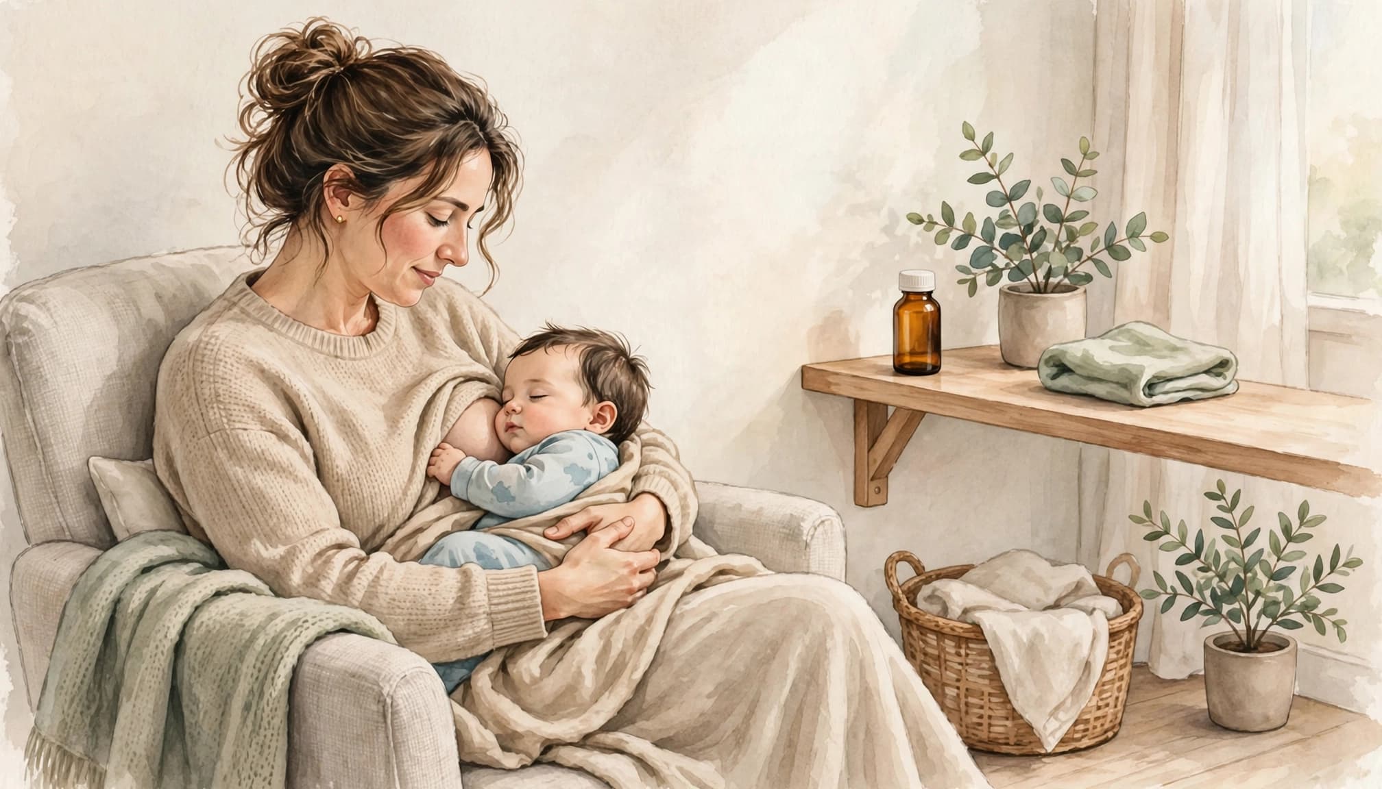 A watercolor illustration of a parent holding and feeding an infant in an armchair.