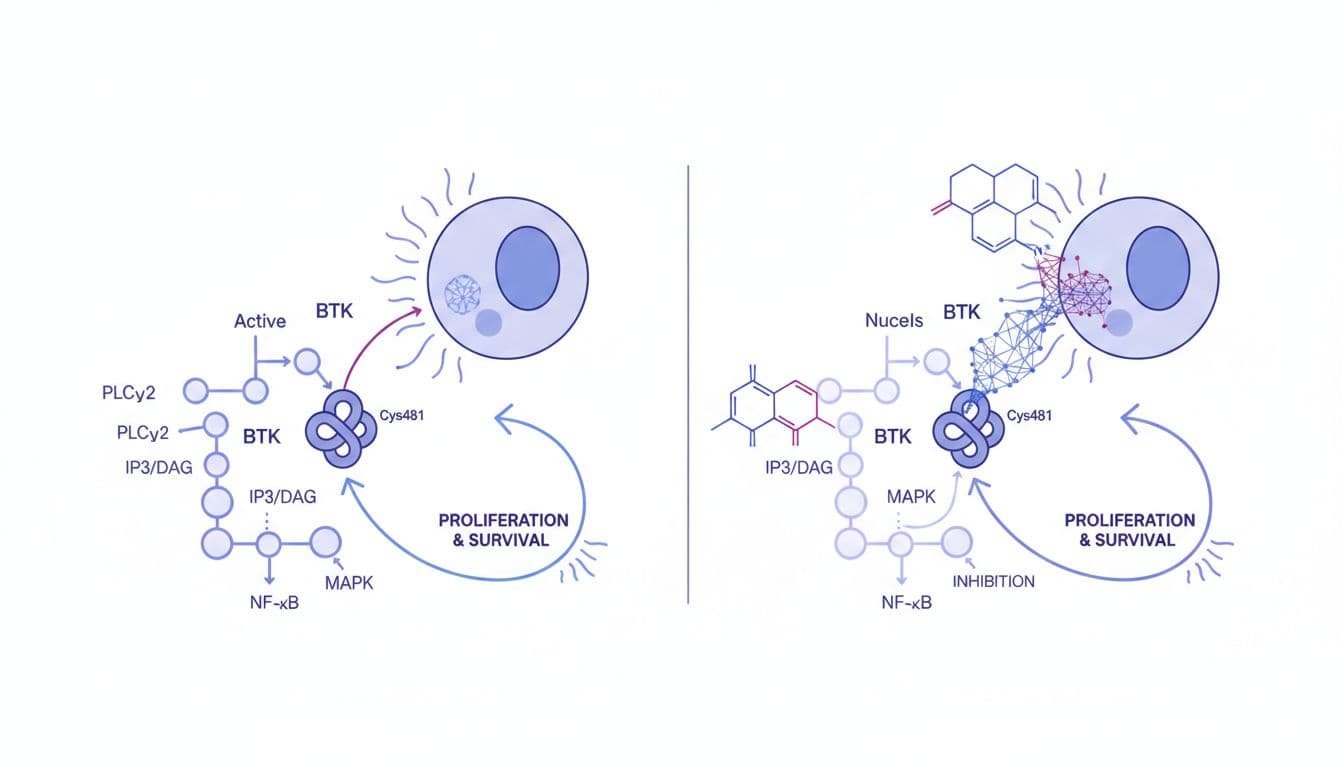 Split diagram of cancerous B-cell: left shows active BTK signaling to nucleus promoting growth; right shows ibrutinib binding Cys481 on BTK blocking signal.