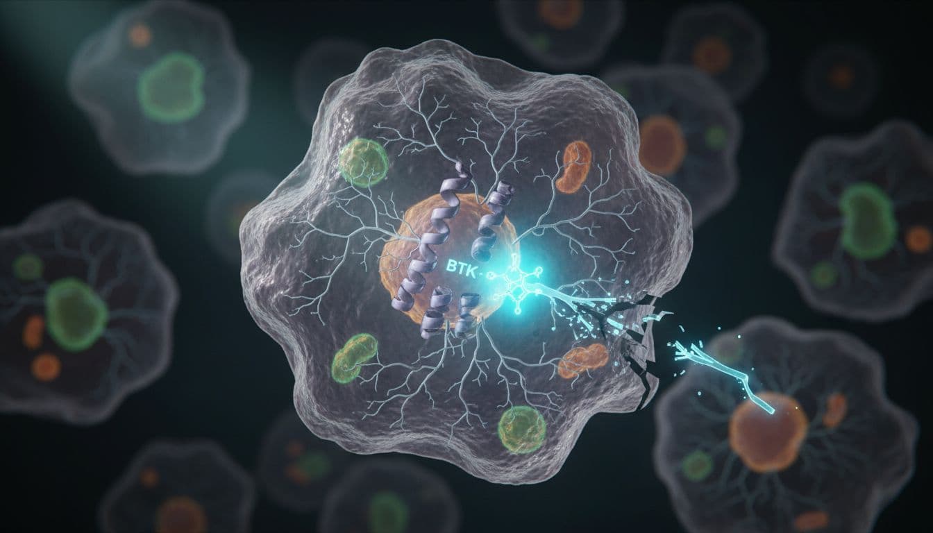 Inside a B-cell cancer membrane, ibrutinib inhibitor blocks BTK protein pathway, disrupting signal chain with glowing blue accents on binding site.