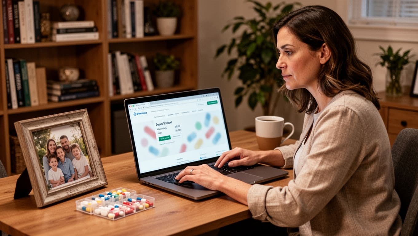 A busy parent in their 30s sits at a home office desk with a laptop open to a pharmacy website, checking order status. The desk includes a family photo frame, pill organizer, and coffee cup, with bookshelves and a plant in the warm-lit background.