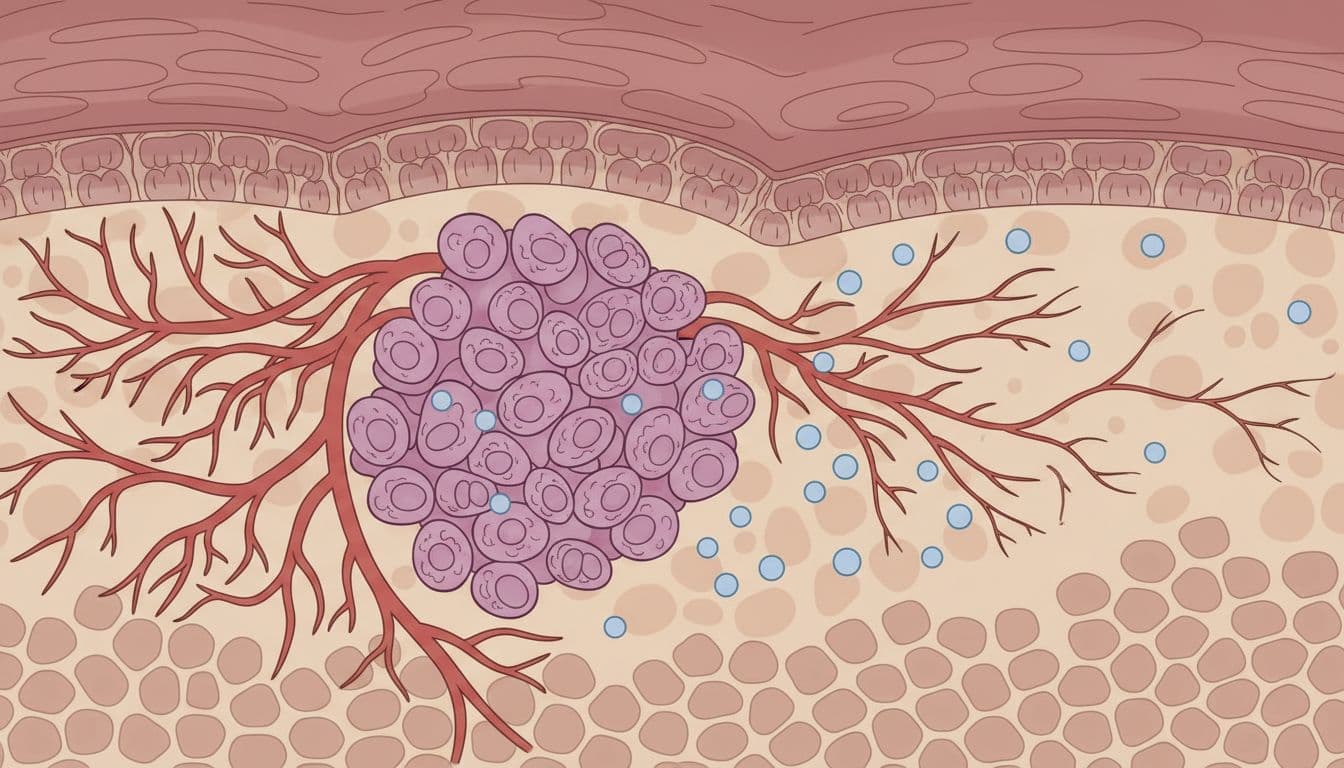 Illustration of targeted therapy blocking tumor blood vessel growth in liver tissue, with red blood vessels shrinking around cancer cells in an educational medical diagram style.