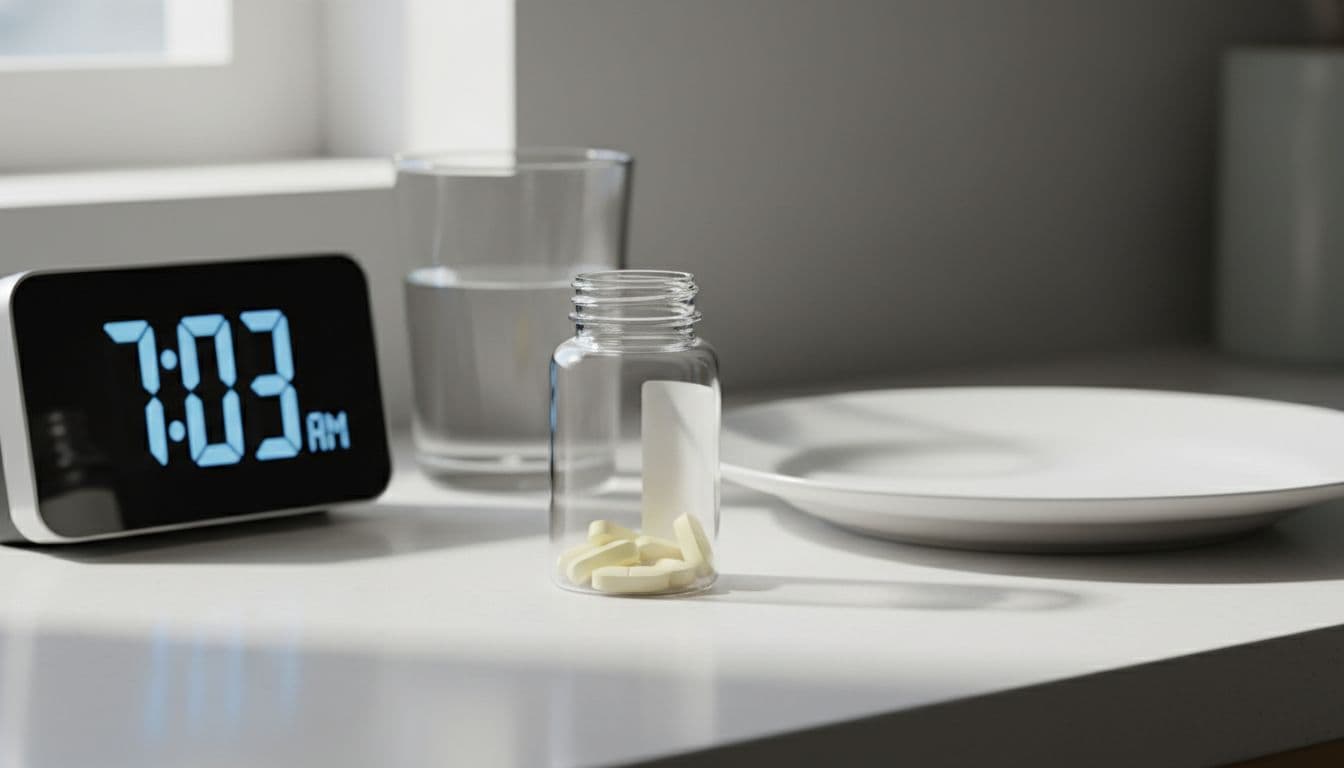 Close-up of a single Cabometyx pill bottle on a kitchen counter beside a morning clock, empty plate, and glass of water, in soft natural light with clean composition.