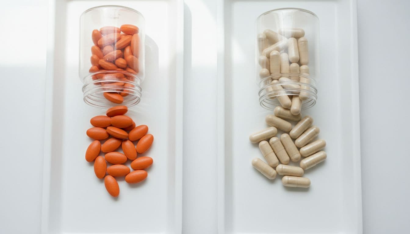 Realistic photo of Cabometyx orange film-coated tablets and Cometriq beige capsules arranged side by side on a white pharmacy tray, one open bottle each showing contents under natural overhead lighting.