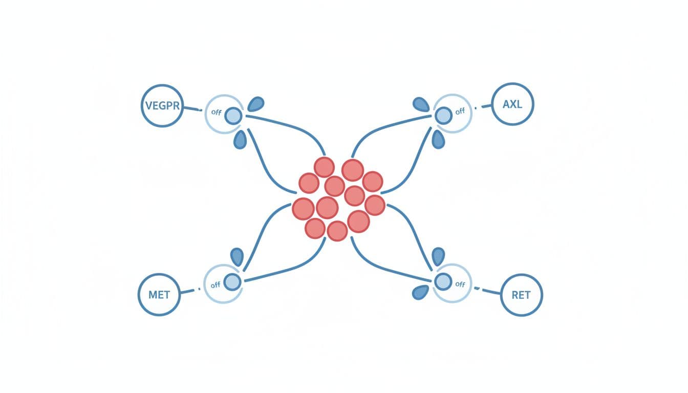 Simple medical illustration of a central tumor cell cluster with VEGFR, MET, AXL, and RET growth signal pathways depicted as lines blocked by inhibitor molecules like switches turning off. Clean line art style with soft blue and red colors on a white background, focusing solely on the tumor and four blocked signal icons.