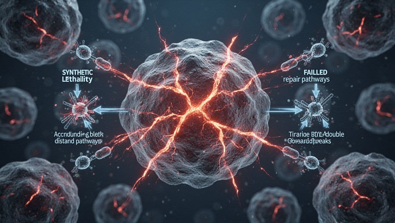 Close-up scientific illustration of a single cancer cell dividing, featuring accumulating DNA double-strand breaks as glowing red fractures, visualizing synthetic lethality via two failed repair pathways, under dim blue lighting.