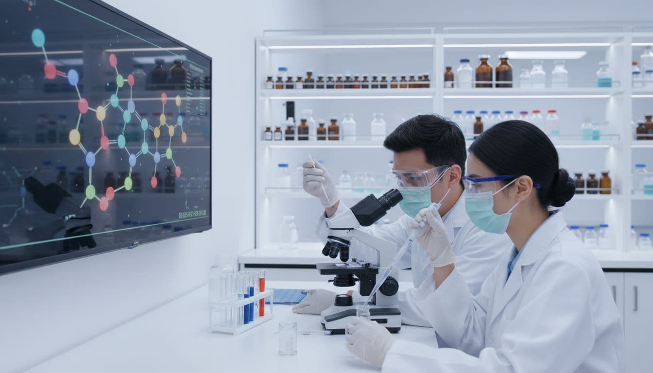 Modern pharmaceutical research lab with two scientists handling test tubes and pipettes near microscopes, a lead researcher pointing at a digital screen showing molecular structures, and shelves of vials in the background under clean white lighting.