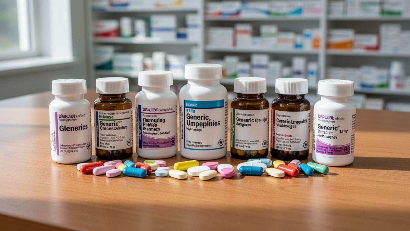 An assortment of common cancer treatment pills and bottles in various colors and shapes, arranged neatly on a wooden table with a blurred pharmacy background under bright daylight lighting. Exactly six bottles, no text or people, full edge-to-edge visual content.