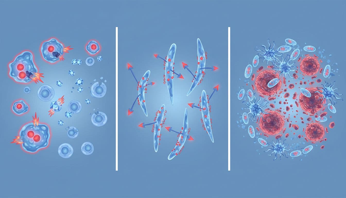 Illustration depicting cancer cells under attack by chemotherapy, targeted therapy, and immunotherapy in three distinct zones. Clean medical diagram in soft blue and red tones with #EF4444 accents, high detail, no text.