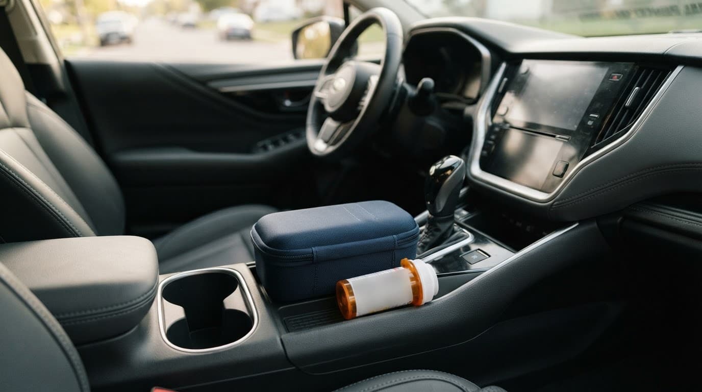 An insulated medication case and prescription bottle sit in a shaded car console.