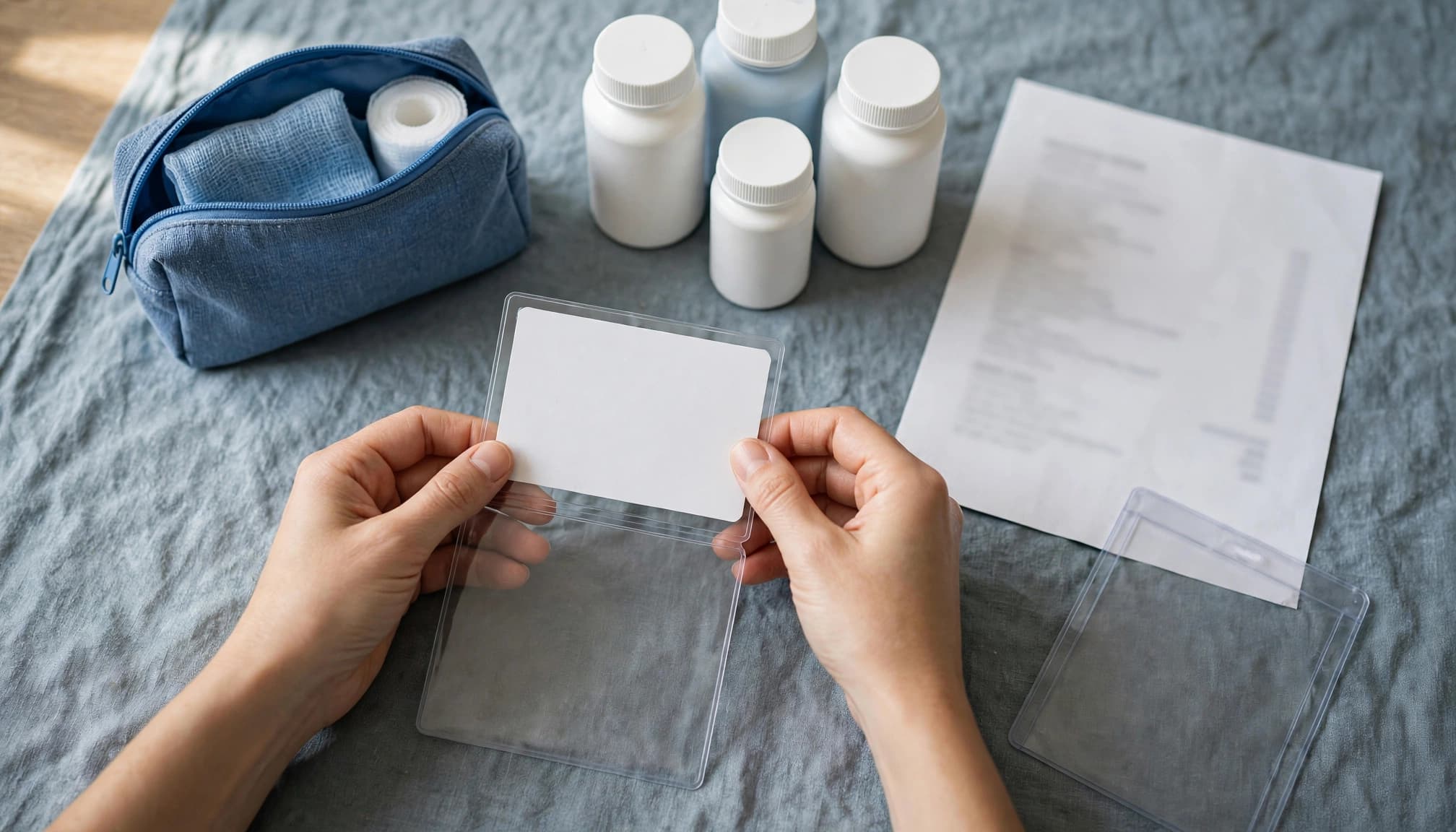 Caregiver hands arrange a blank medication card beside bottles and a first-aid pouch.