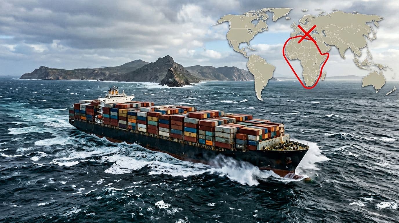 Cargo ship navigating rough ocean waves around the Cape of Good Hope, overlaid with a world map showing the Suez Canal crossed out and the Africa route highlighted. Distant container stacks visible on deck in realistic daylight photo style, no people, text, or logos.