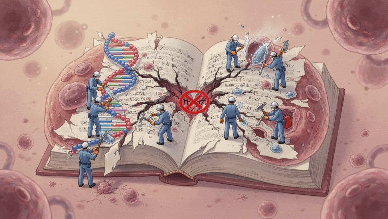 Illustration of human cells depicted as open books with DNA strands as torn pages, small repair teams fixing breaks—one blocked—in soft medical style with warm lighting and simple composition focusing on one main cell.