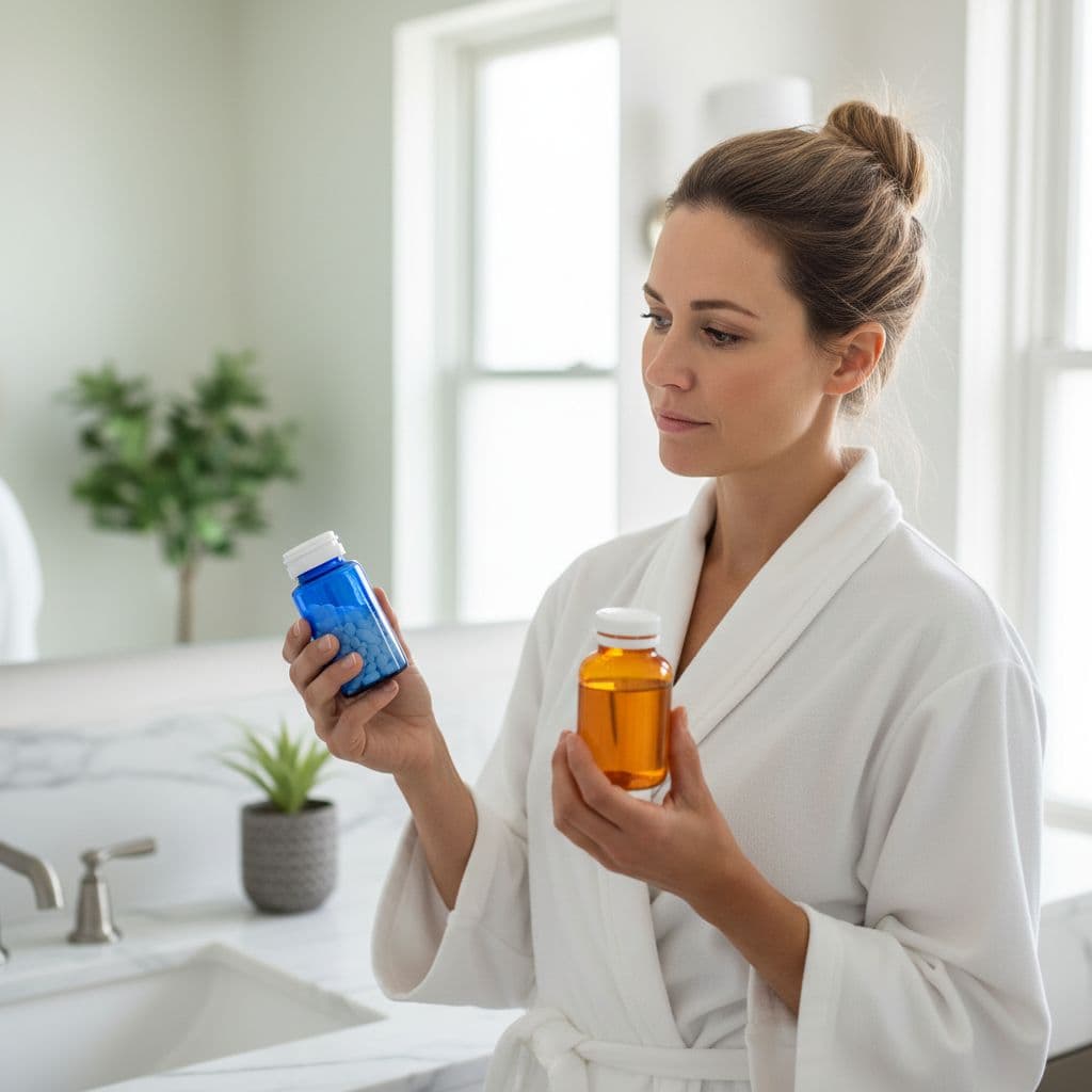 An individual stands in a sunlit bathroom holding two distinct unlabeled medicine bottles, comparing them while deciding on a treatment. The soft light creates a calm atmosphere around the central figure.