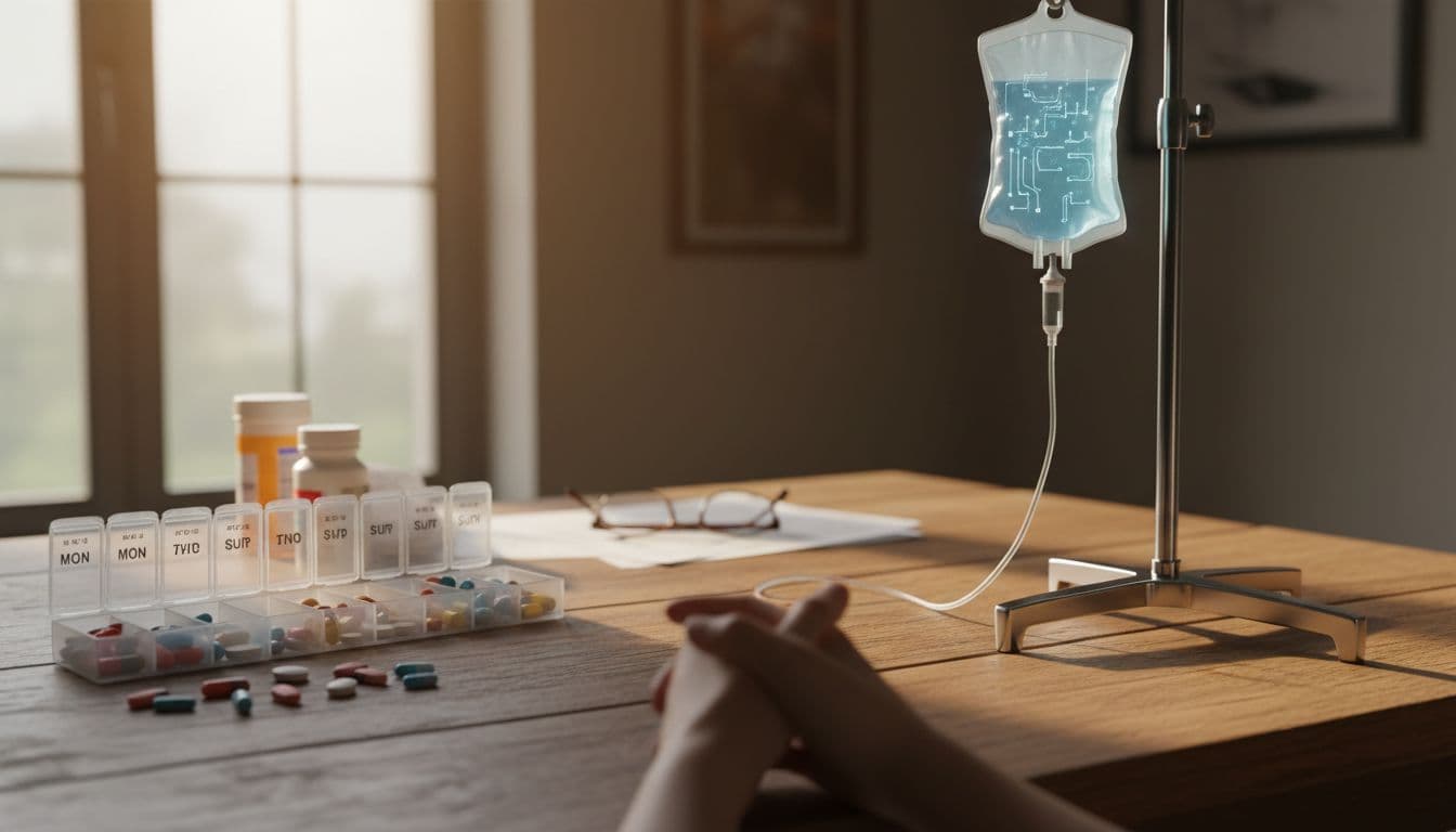 Daily pill organizers filled with diabetes, blood thinner, and heart medication tablets contrast with a single high-tech IV bag for rare gene therapy on a wooden table in a home setting.