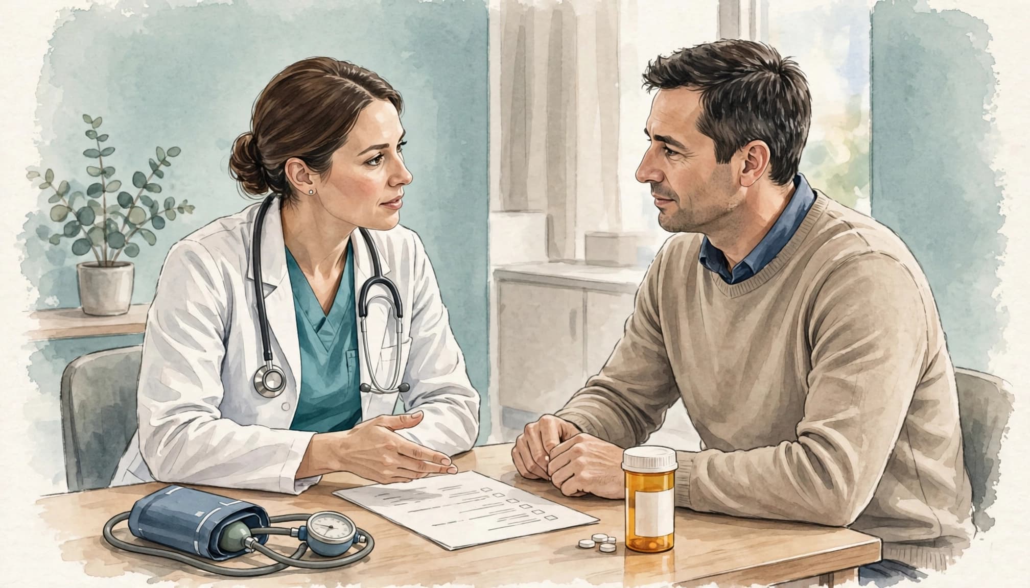 A healthcare professional and a male patient reviewing medical papers in a clinic.