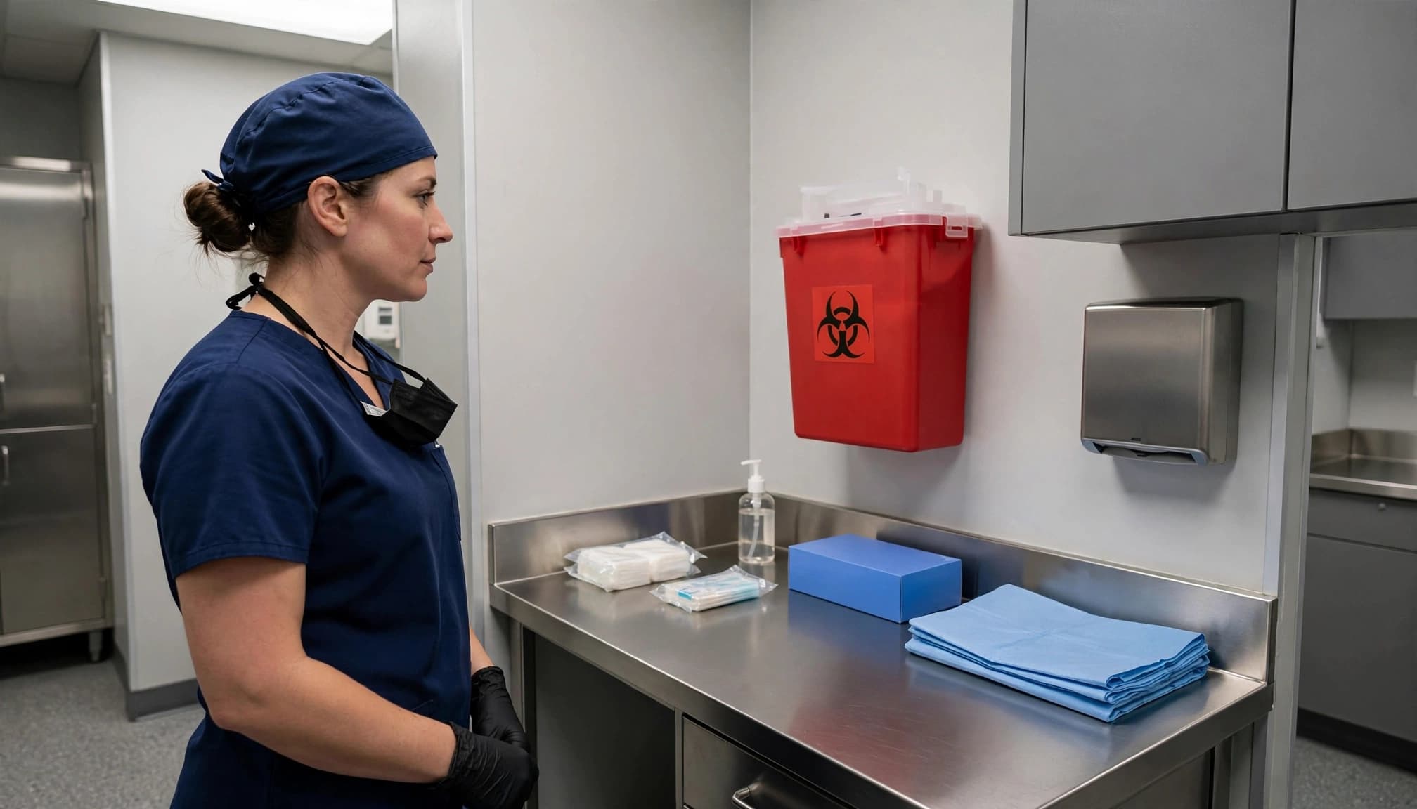 Worker beside a red sharps container in a clean treatment room.