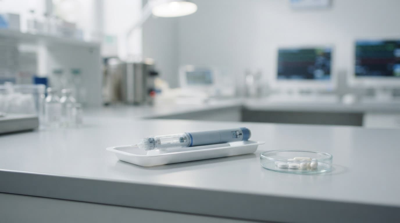 A modern injection pen on a clean white medical surface.