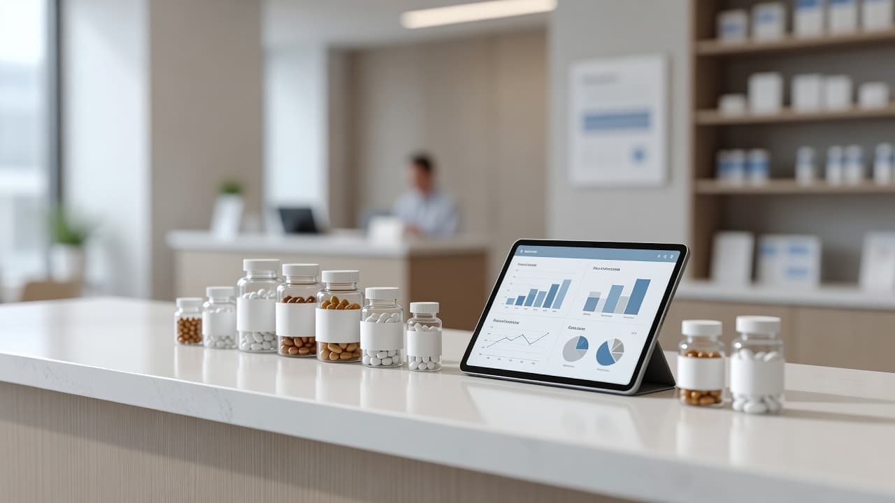 A well-organized pharmacy counter features neatly arranged medicine bottles and a digital tablet display. Soft ambient light highlights the sterile, clinical surfaces against a blurred backdrop of a medical office.