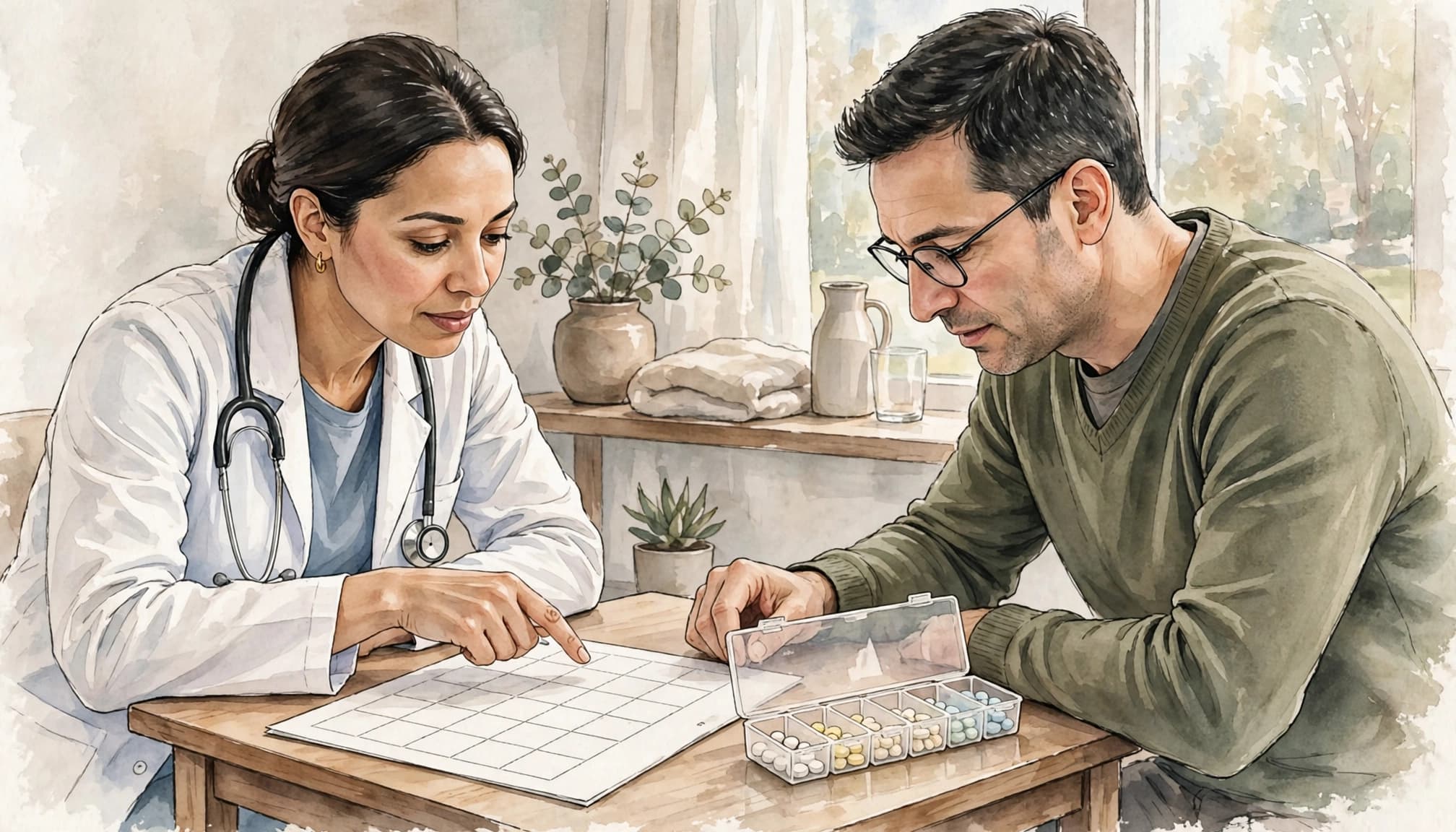 A watercolor illustration of a clinician pointing to a calendar while a patient looks at a pill organizer.