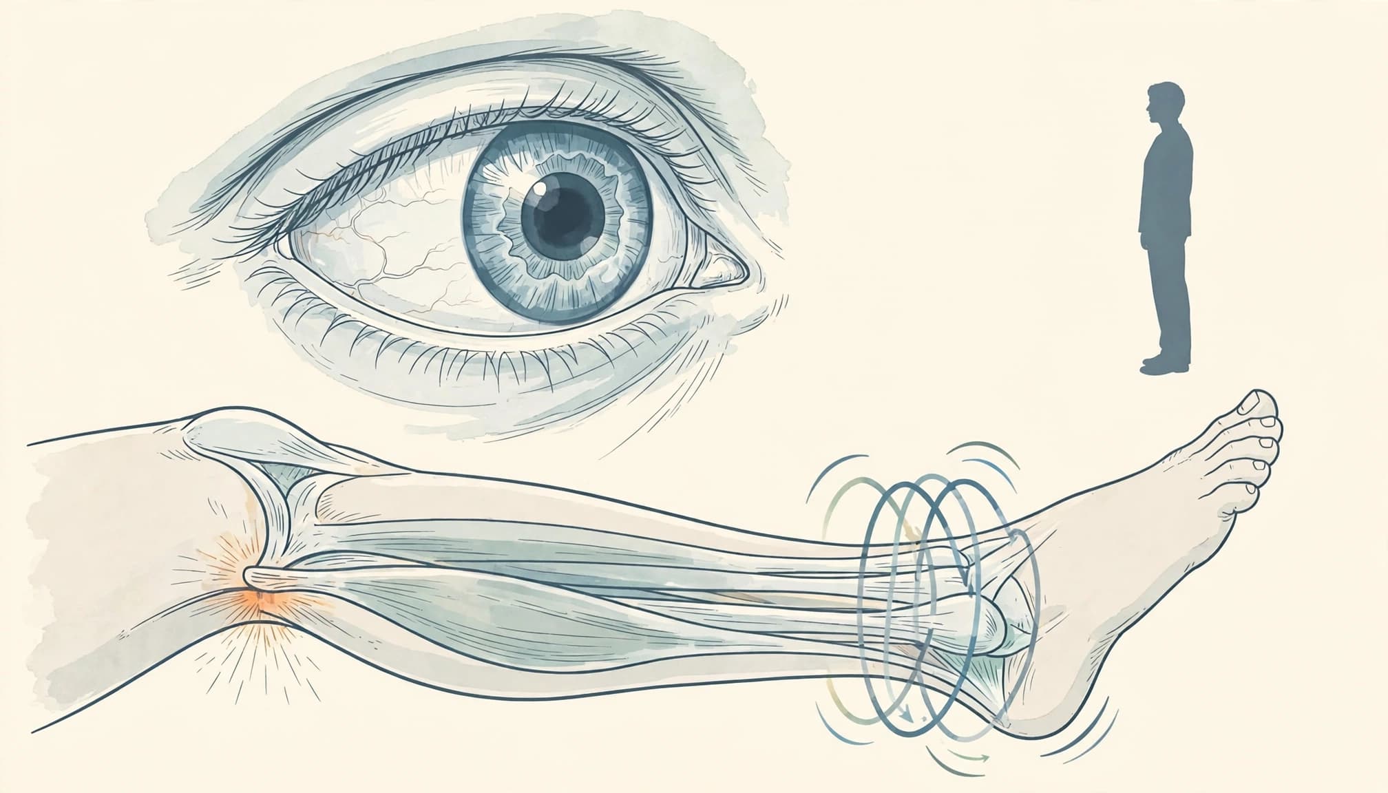 Medical illustration of a human eye, a lower leg with muscle anatomy, and a silhouette figure.