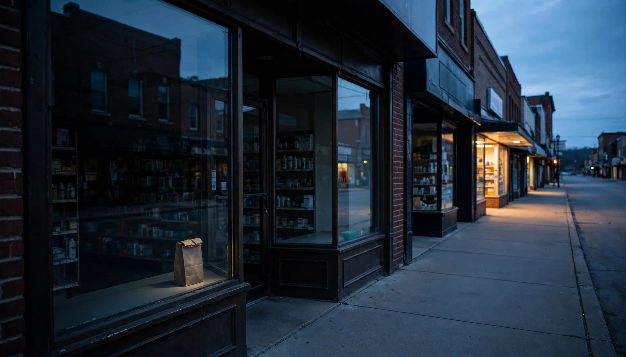 A dark pharmacy with a paper bag in the window and another pharmacy glowing down the sidewalk.