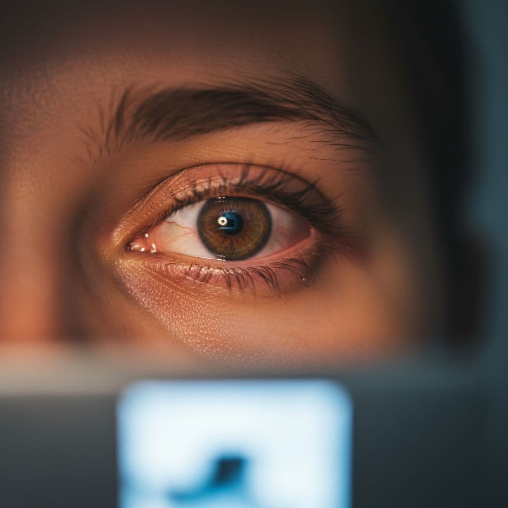 Close-up of an eye gazing at a bright, blurred screen in a dimly lit room.