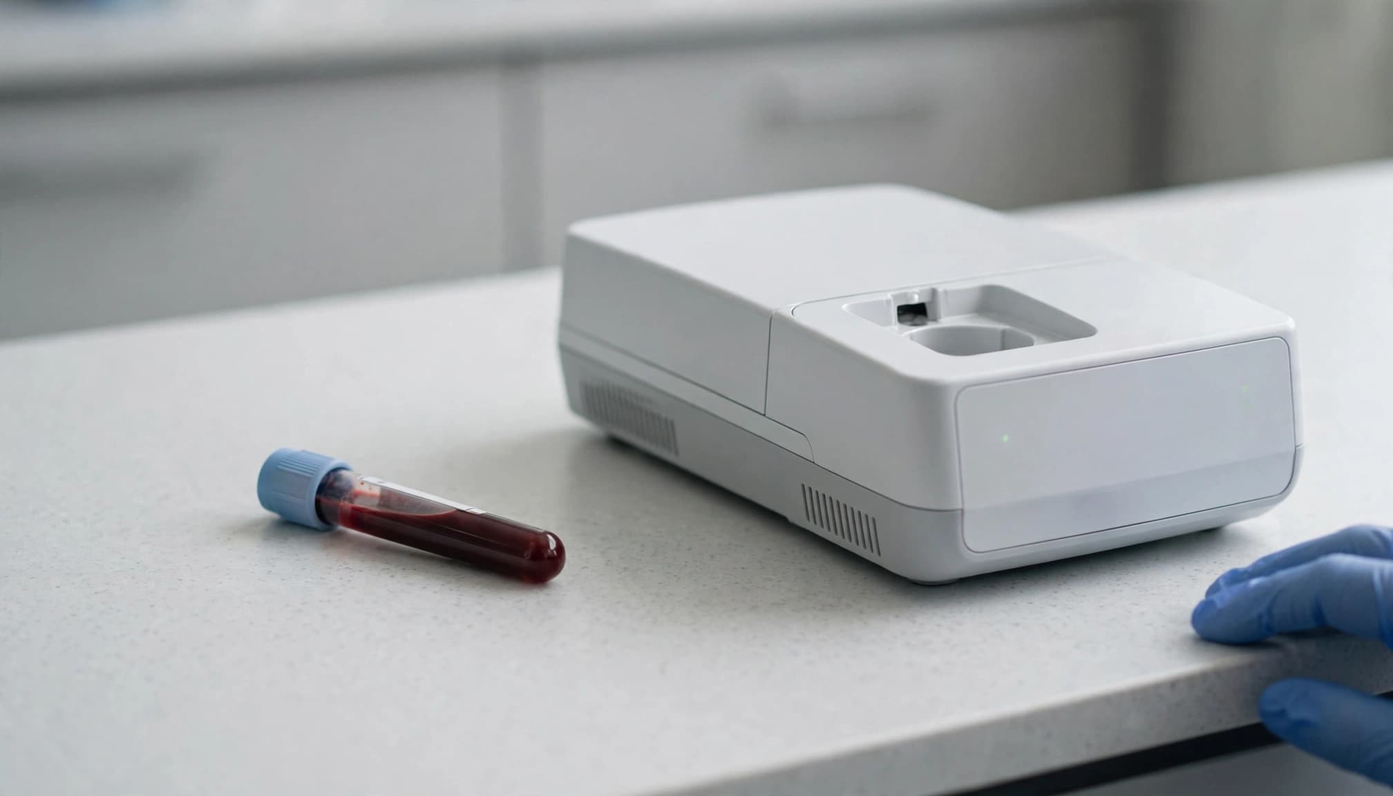 A capped blood tube beside a compact analyzer on a clean lab bench.