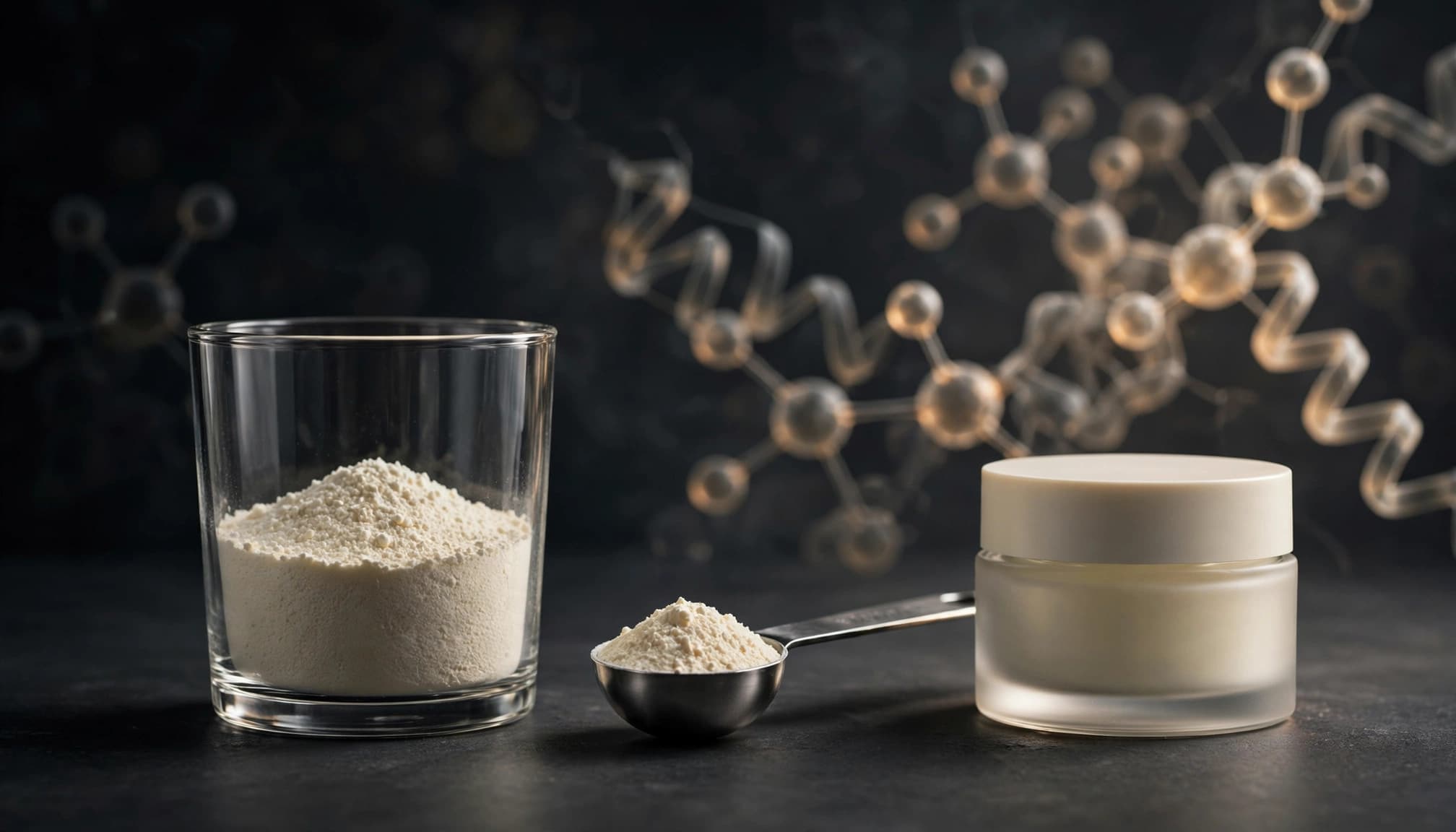 Glass of collagen peptides beside a measuring spoon and skincare jar.